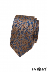 Brązowy wąski krawat w kwiatowy wzór