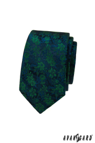 Wąski krawat w niebiesko-zielony kwiatowy wzór