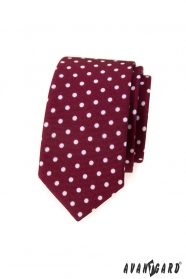 Bordowy wąski krawat w białe kropki
