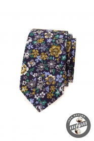 Ciemnofioletowy wąski krawat w kolorowe kwiaty