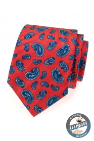 Czerwony jedwabny krawat z niebieskimi motywami paisley