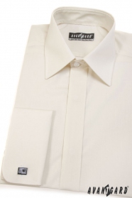 Kremowa gładka koszula męska na spinki z zakrytą klapą