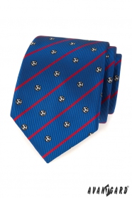 Niebieski krawat piłkarski z czerwonym paskiem