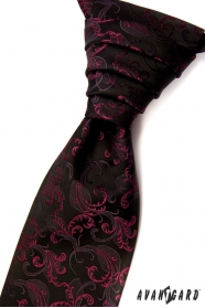 Czarny krawat ślubny z ornamentami w kolorze fuksji