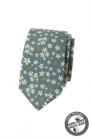 Oliwkowozielony wąski krawat w kwiatowy wzór