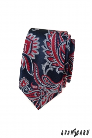 Niebieski slim krawat z czerwonym wzorem paisley
