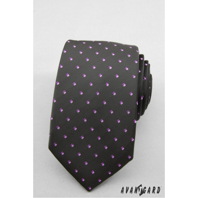 Czarny wąski krawat z fioletowymi kwadratami