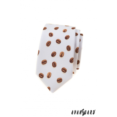 Kremowy wąski krawat z ziarnami kawy