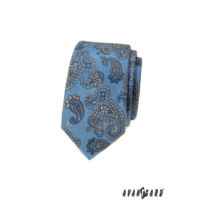 Wąski niebieski krawat z motywem paisley