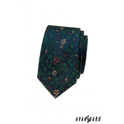 Granatowy wąski krawat w kolorowe kwiaty
