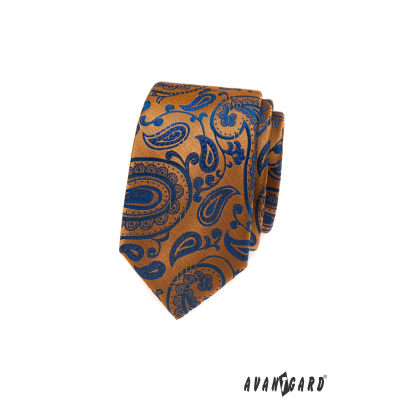 Pomarańczowy krawat z niebieskim wzorem paisley