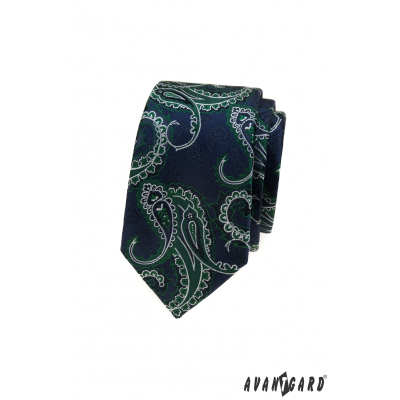 Niebieski wąski krawat, zielony wzór paisley