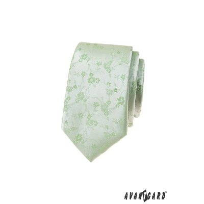 Wąski krawat w zielony kwiatowy wzór
