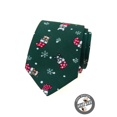 Zielony świąteczny krawat z buldogiem