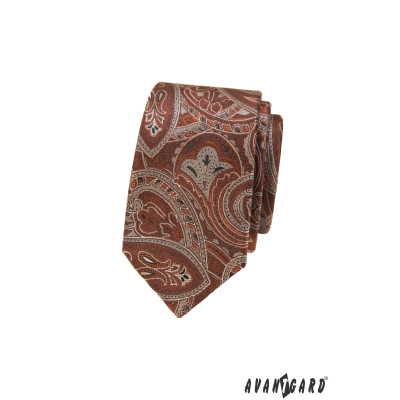 Wąski krawat w brązowy wzór paisley