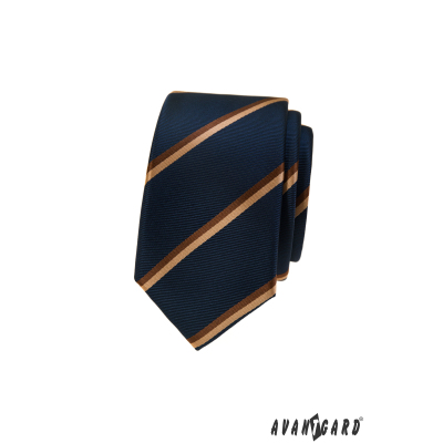 Ciemnoniebieski wąski krawat z brązowym paskiem