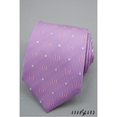 Liliowy krawat w paski i srebrne kwadraty