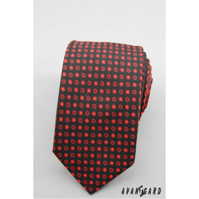 Wąski krawat w czarne czerwone kropki