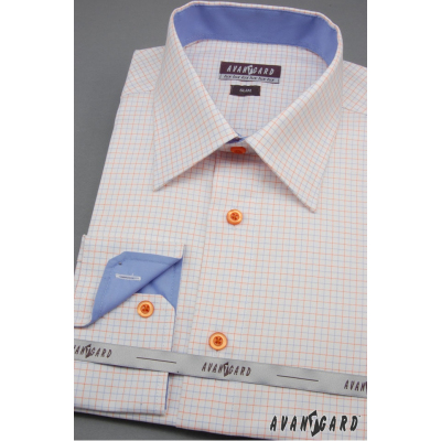 Biała, wąska koszula męska z niebiesko-pomarańczowymi dodatkami