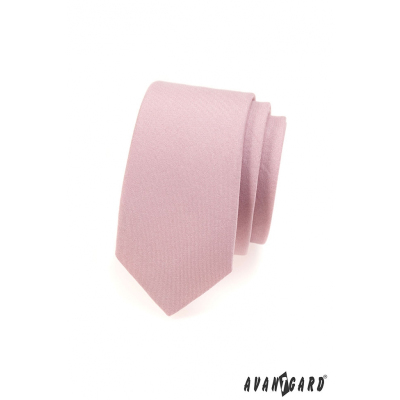 Wąski różowy matowy krawat w pudrowym kolorze