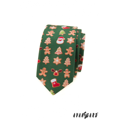 Wąski zielony krawat ze świątecznym motywem