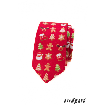 Czerwony wąski krawat ze świątecznym motywem