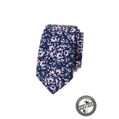 Ciemnoniebieski wąski krawat w różowe kwiaty