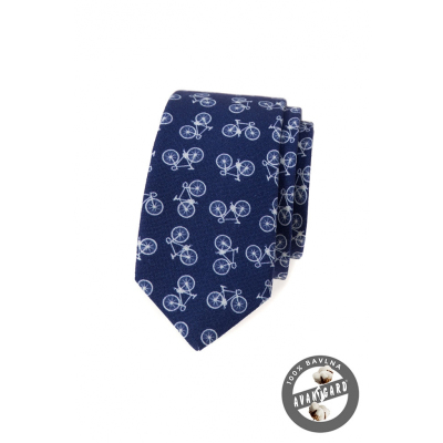 Wąski bawełniany krawat w kolorze niebieskim z motywem roweru