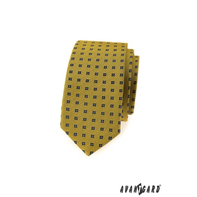 Ciemnożółty wąski krawat z niebieskim wzorem