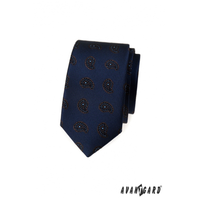 Wąski niebieski krawat z małym wzorem paisley