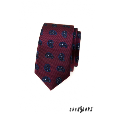 Bordowy wąski krawat z małym wzorem paisley