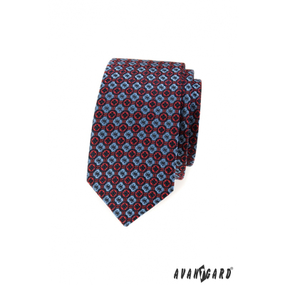 Wąski krawat męski z niebiesko-czerwonym wzorem