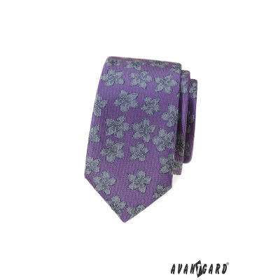 Fioletowy wąski krawat w szary wzór