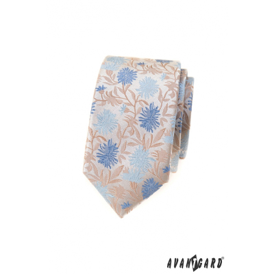 Beżowy wąski krawat w niebieskie kwiaty