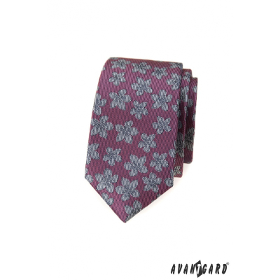 Ciemnoróżowy wąski krawat w szare kwiaty