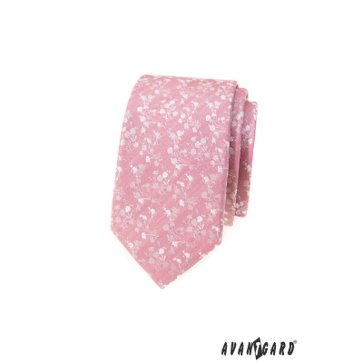 Wąski krawat w kolorze pudrowego różu z białym wzorem