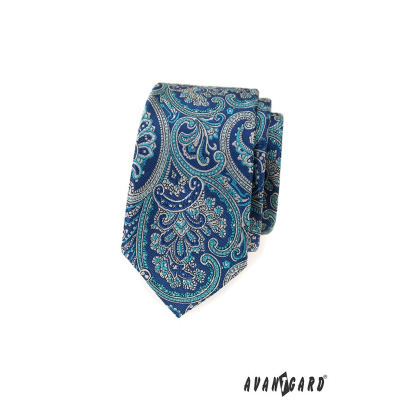 Wąski krawat z niebieskim motywem paisley