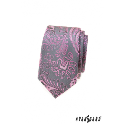 Szary wąski krawat z różowym wzorem paisley