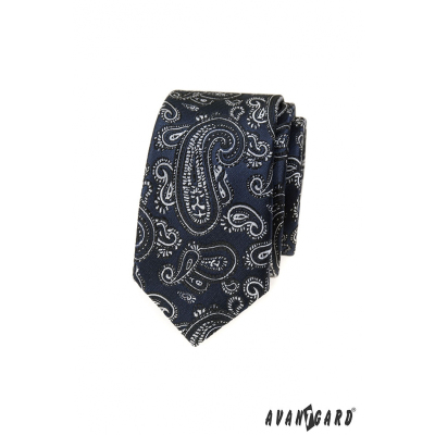 Granatowy wąski krawat z motywem paisley