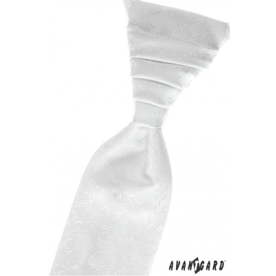 Biały krawat ślubny z poszetką z błyszczącą nicią
