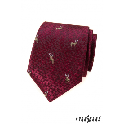 Bordowy krawat z jeleniem