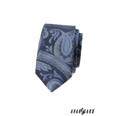 Niebieski, wąski krawat z nowoczesnym wzorem