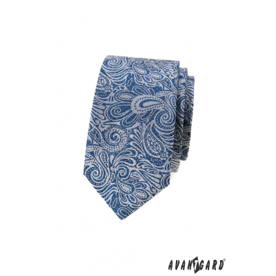 Niebieski wąski krawat we wzór paisley