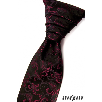 Czarny krawat ślubny z ornamentami w kolorze fuksji