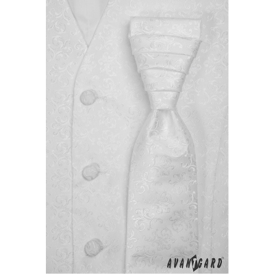 Biała męska ślubna kamizelka z krawatem, błyszczący wzór