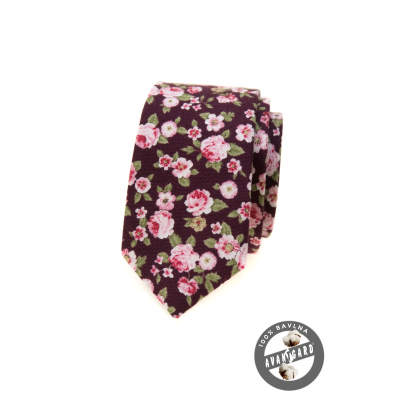 Wąski krawat w różowe kwiaty