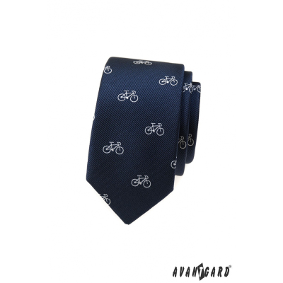 Niebieski wąski krawat z białym motywem roweru