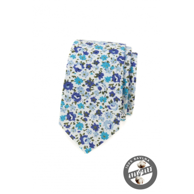Bawełniany wąski krawat w niebieskie kwiaty