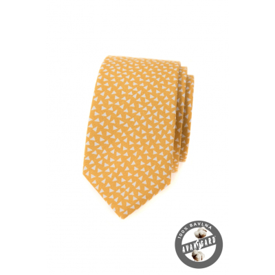 Żółty bawełniany wąski krawat w trójkąty