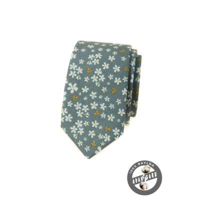 Oliwkowozielony wąski krawat w kwiatowy wzór